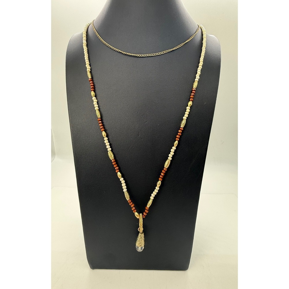 Bohemian Gold Tone Layered Beaded Brown Cream Necklace with Crystal Drop Pendant